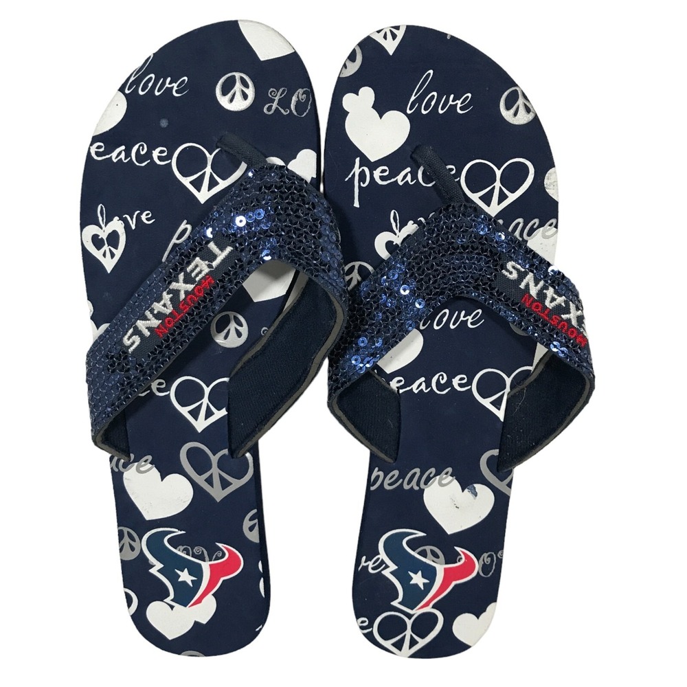 Houston Texans NFL Womens Peace Love Navy Blue Sequin Flip Flop Sandals 11.5-12